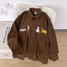 春秋季新款绣花衬衫复古卡通猫咪男女长袖衬衣外套CS0232-P40，男装衬衫，星座308B-2