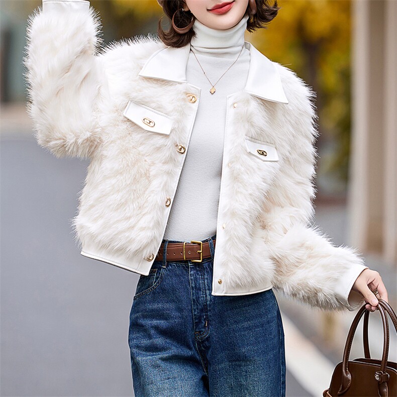 仿狐狸毛环保皮草外套女冬季小香风翻领年轻款气质拼皮风高端上衣，女装皮草，跑量工厂店