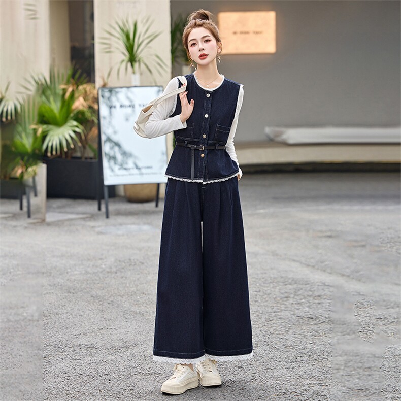 韩系穿搭小香风时尚马甲套装女2025春季新款气质牛仔阔腿裤三件套,女装套装/套裙,伊仟回