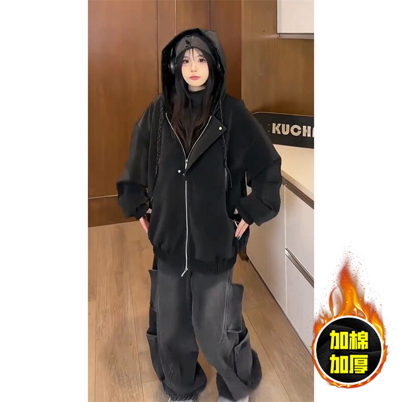 现货高品质美式高街重磅座山雕连帽pu皮棉衣男女加厚毛毛绒冬外套，男装皮衣，电商A443