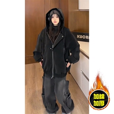 现货高品质美式高街重磅座山雕连帽pu皮棉衣男女加厚毛毛绒冬外套，男装皮衣，电商A443