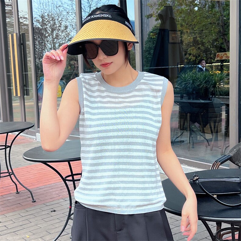 2025年秋季常规单件宽松型圆领条纹背心时尚百搭，女装背心吊带，新胜羊绒