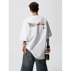 8XL-M高品质纯棉花卉刺绣短袖T恤男女款美式宽松凉感防晒TDX335，男装T恤，电商D206-1