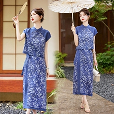 新中式棉麻套装裙女2024夏天新品气质高端麻料苎麻印花时尚两件套，女装套装/套裙，依如秀(原杭风阁)