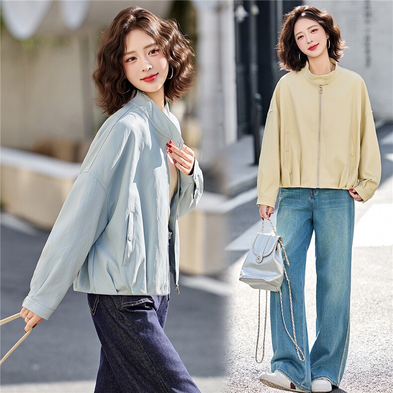 2026春季新款现货小个子洋气立领浅色皮衣短外套百搭宽松夹克,女装短外套,英标秀（1C119）