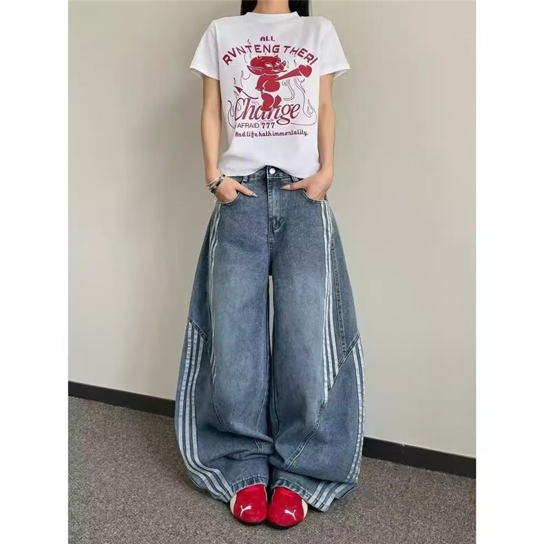 美式复古三条杠解构弯刀牛仔裤男女春秋拼接设计感镰刀阔腿长裤子图片
