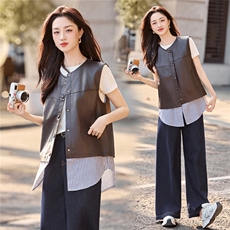 现货新款秋新款韩版时尚宽松休闲女今年流行拼接百搭PU炸街马甲，女装马甲，韩美纤衣