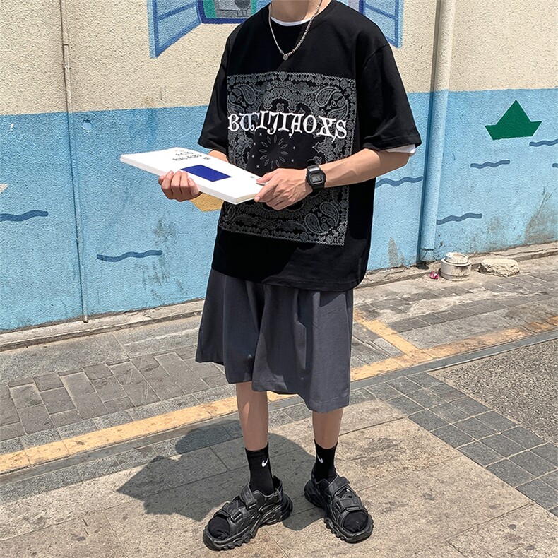 港风民族风字母印花短袖T恤男夏季情侣纯棉体恤衫t138P30限价48,男装T恤,电商A089-1