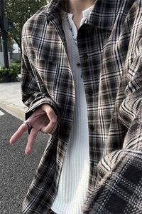 复古格子美式衬衫男长袖翻领宽松百搭格子纹外套C2273-特价P37图片