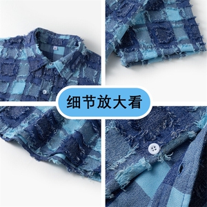 盐系男友风衬衫男小香风外套短袖上衣流苏格子衬衣夏季C2085-P45图片