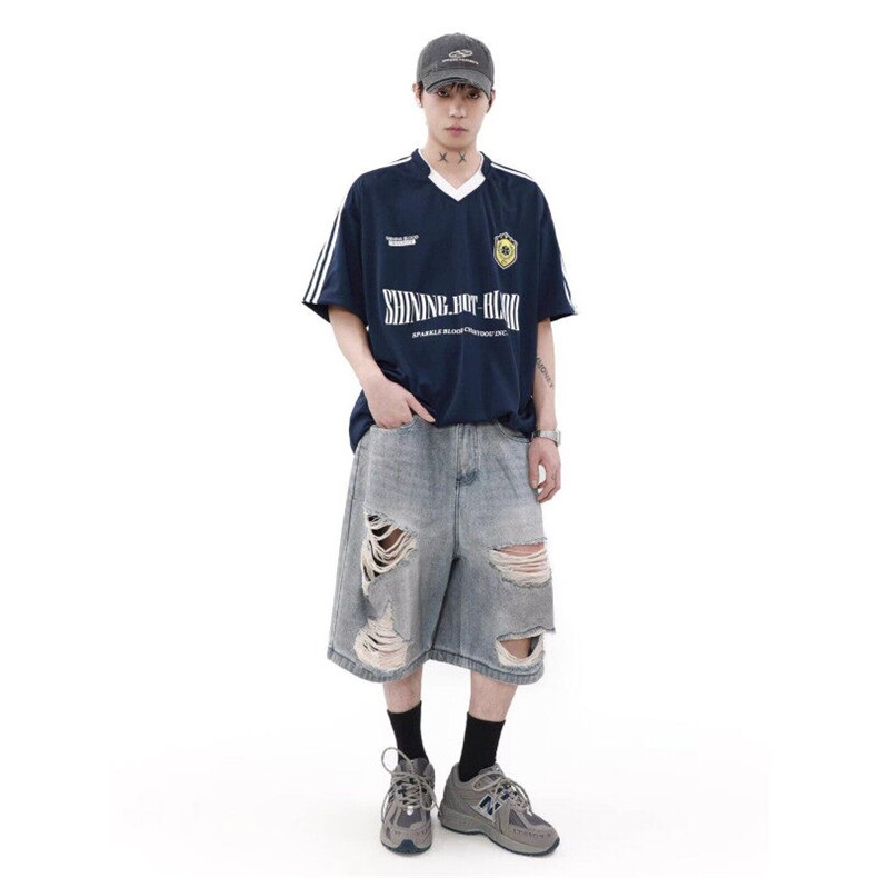 网络图现货美式复古潮流学院风拼接V领三道杠印花T恤JCT50-P38,男装T恤,星座715-7