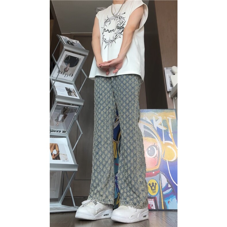 2025夏季新款美式高街提花满印直筒牛仔裤B315-K24159-p60控78,男装牛仔裤,电商B315
