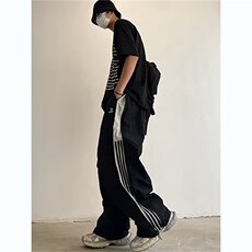 薄款速干三条杠宽松休闲长裤男拉链阔腿伞兵裤网图GB4544-P45有货，男装休闲裤，星座302B