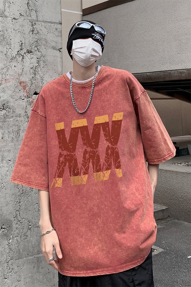 B239-X1026-P38美式字母做旧水洗短袖落肩袖短袖T恤男,男装T恤,星座514-2(原B239)