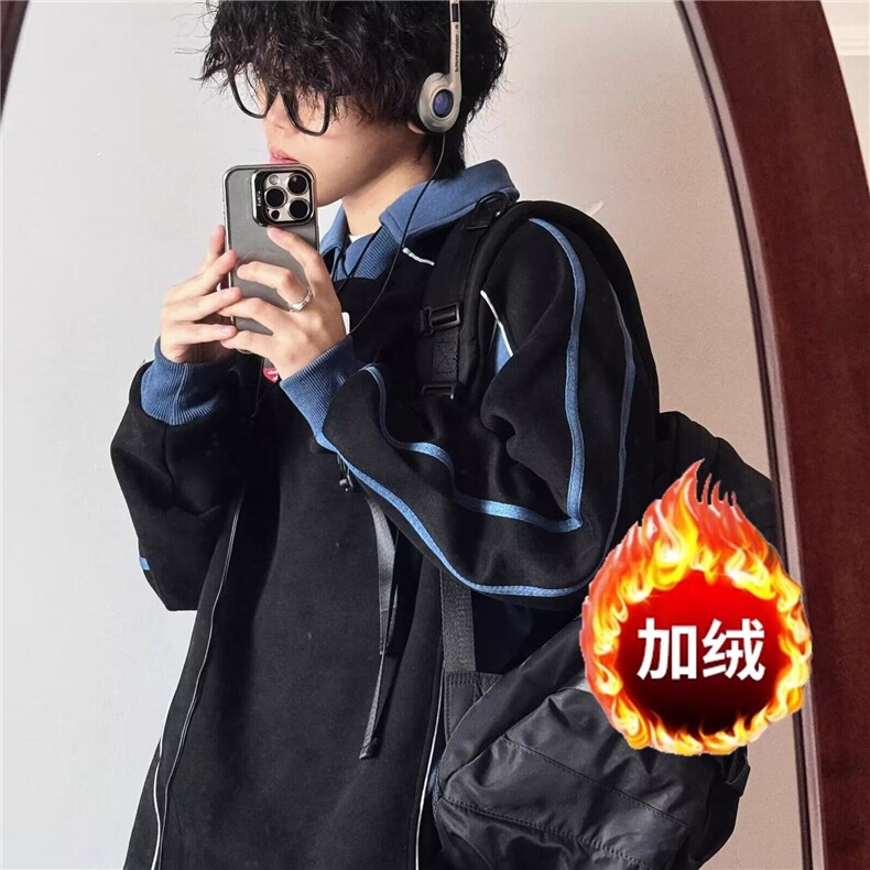 2024美式翻领卫衣男女宽松高街风vintage撞色设计感加绒上衣图片