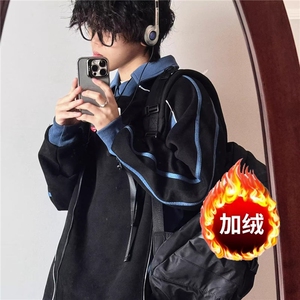 2024美式翻领卫衣男女宽松高街风vintage撞色设计感加绒上衣图片