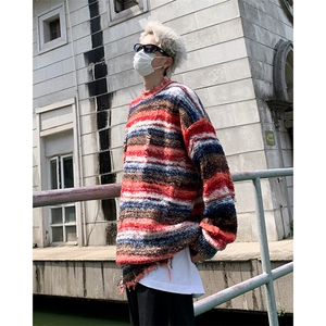 高品质秋冬男针织衫圆领毛衣条纹渐变色扎染破洞外套M70 P60图片