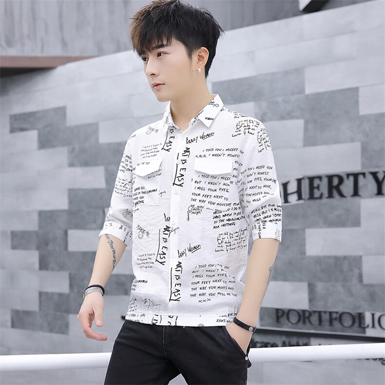 中袖衬衫韩版宽松发型师多字母印花社会英伦风五分袖衬衣778，男装衬衫，星座1207