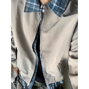 假两件工装翻领格子外套男秋季韩版潮流宽松上衣青年痞帅休闲夹克图片