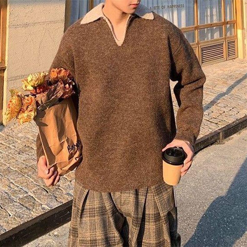 重磅北极绒假两件衬衫领毛衣美式高街复古休闲慵懒纯色翻领针织衫,男装针织衫/毛衣,电商A486