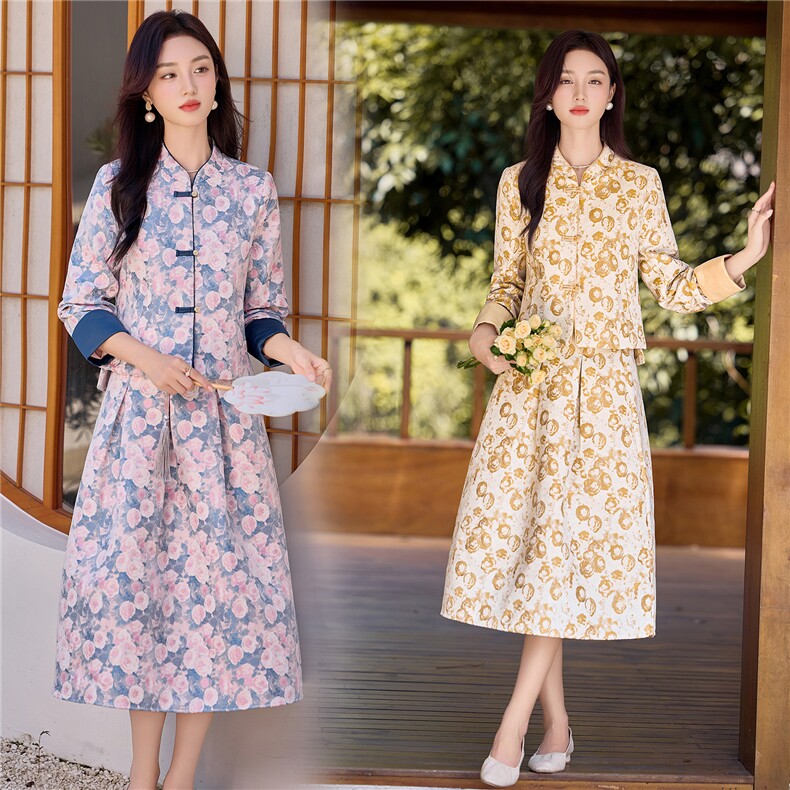 9757时尚复古提花两件套裙，女装套装/套裙，罗得堡