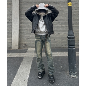 美式ins高街hiphop重工艺水洗微喇复古蓝牛仔裤货号K2320P55控78图片