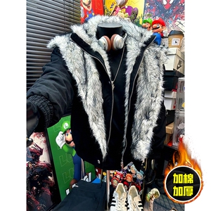 现货高品质美式高街重磅狼王座山雕毛毛领假两件棉衣加厚棉服外套,男装棉衣,电商A486