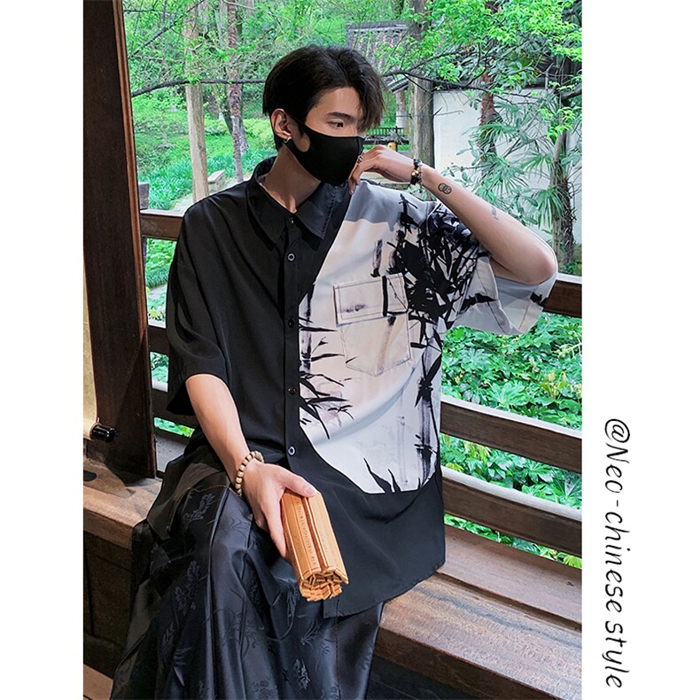 特批P25无差价夏季新中式冰丝垂感拼接高级感短袖衬衣男士CD2292图片