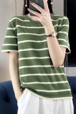 时尚新款彩条宽松圆领短袖针织衫舒适百搭显瘦毛衣，女装针织衫/毛衣，凝珊羊绒