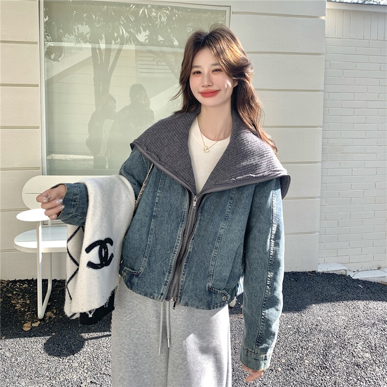 复古风高领牛仔针织毛线领外套女2026春季新款短款设计感休闲夹克,女装短外套,2C159