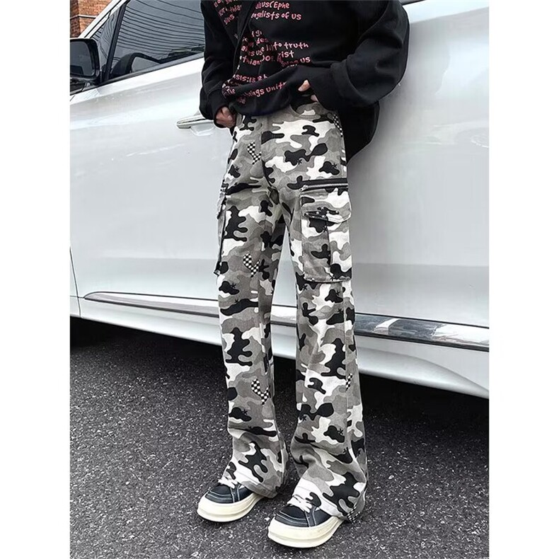 迷彩牛仔裤女春季2025新款多口袋显瘦宽松阔腿微喇裤子NZA484，男装牛仔裤，星座516A