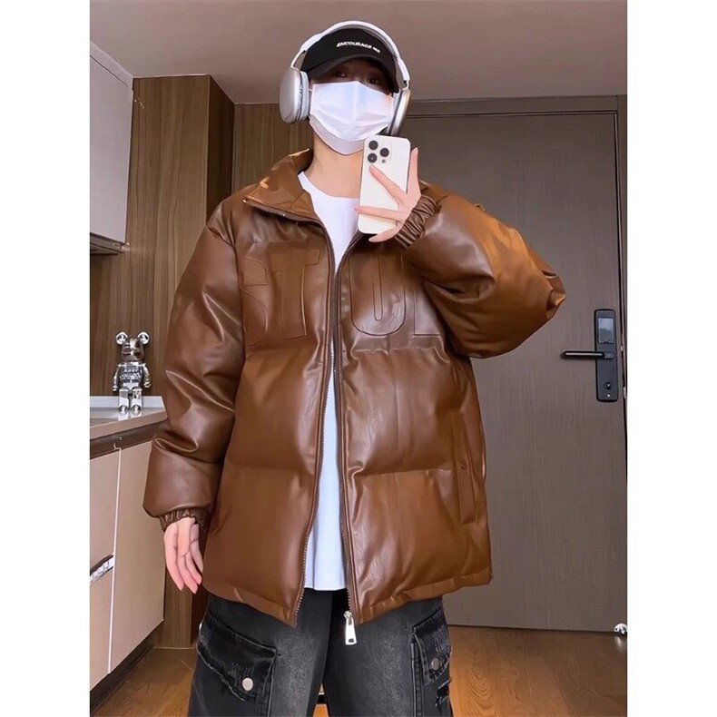 冬季美式立领pu皮钢印羽绒棉服男外套M2881P90直播,男装棉衣,星座1904A-1