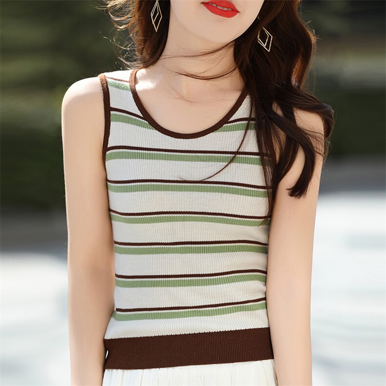 2025春夏新款桑蚕丝圆领条纹针织吊带女时髦精纺羊毛显瘦打底背心，女装背心吊带，冀清阳荣