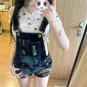 复古蓝色破洞分体两穿牛仔背带短裤女夏季辣妹宽松显瘦百搭热裤子图片