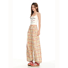 撞色格子弯刀休闲裤女夏季设计感宽松阔腿裤高腰垂感拖地裤，女装休闲裤，星座1210-1