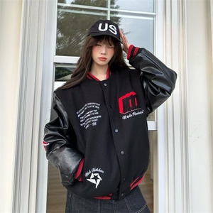 无品牌美式复古R字魔术贴棒球服男女秋冬加厚情侣装夹克外套气质图片