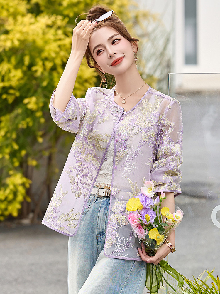 温柔紫色刺绣薄款外套女2025春夏新款漂亮新中式国风防晒开衫上衣,女装短外套,伊仟回