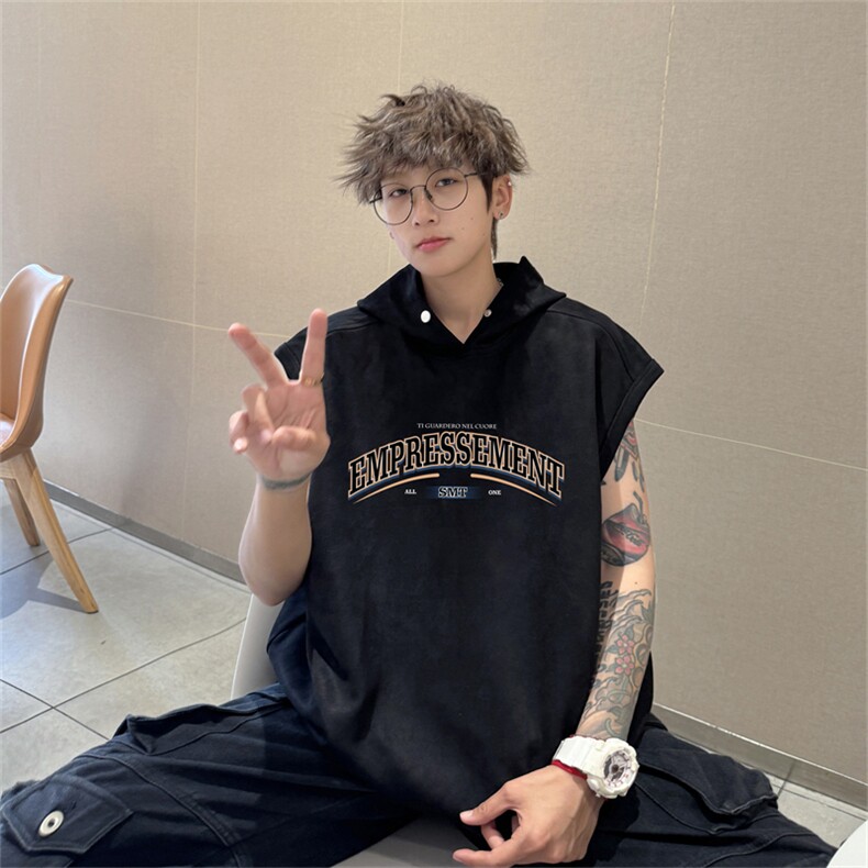 麂皮绒连帽背心坎肩男T恤美式港风JLB462-P30控48,男装T恤,电商B370