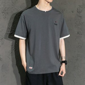 夏季新款男士潮流时尚刺绣圆领纯棉宽松假两件短袖T恤DS731T