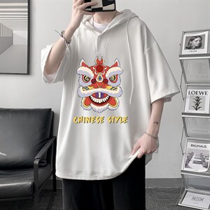 LD54185-P45 连帽短袖t恤男大码胖子带帽五分袖中袖 大皂风图片