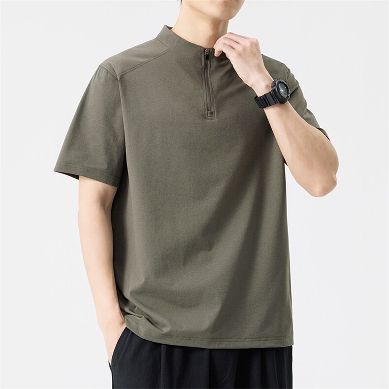 T835夏季男士圆领纯色速干运动半拉链短袖T恤P42无影白墙绿色，男装T恤，星座1615-1