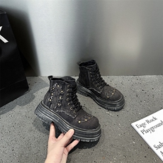 复古牛仔靴破洞马丁靴女夏秋做旧厚底短靴英伦风单靴小个子工装靴，女鞋马丁靴，电商A223