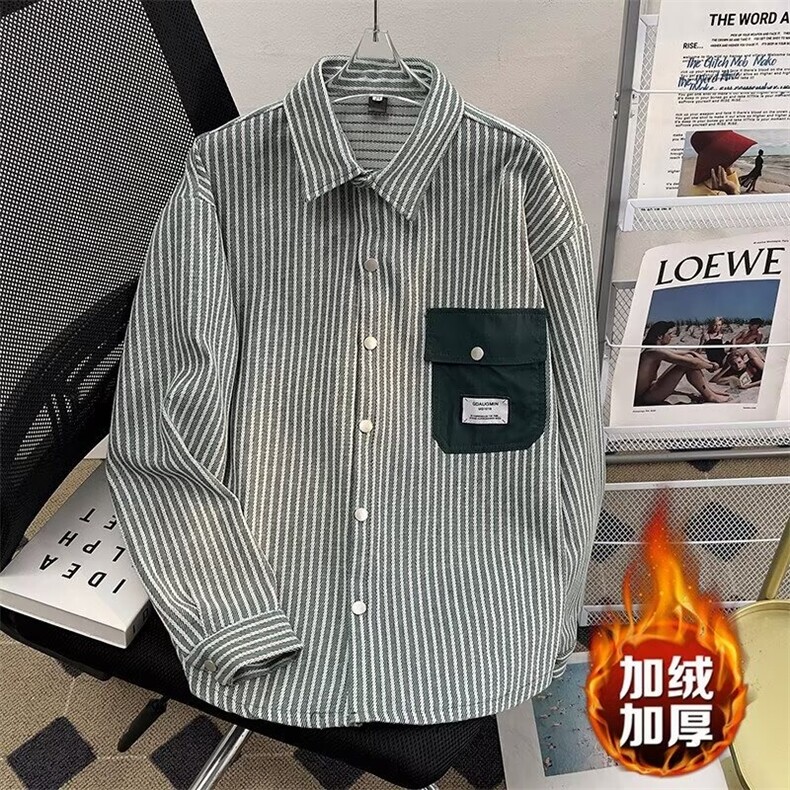 长袖衬衫男士口袋条纹休闲外套日系时尚上衣加绒夹克CSXF032,男装夹克,星座516A