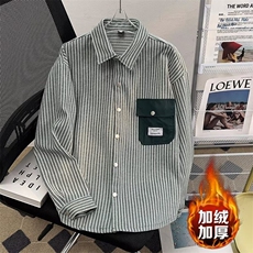 长袖衬衫男士口袋条纹休闲外套日系时尚上衣加绒夹克CSXF032，男装夹克，星座516A