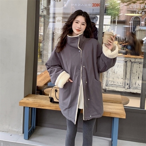 暗紫色羊羔毛外套派克服女冬季小个子中长款棉衣棉袄图片