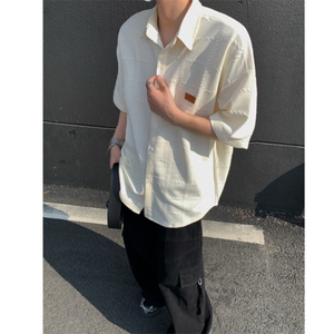 2026夏短袖格子衬衫大码男纹理提花衬衣薄外套 CS580/特P35 杏色6图片