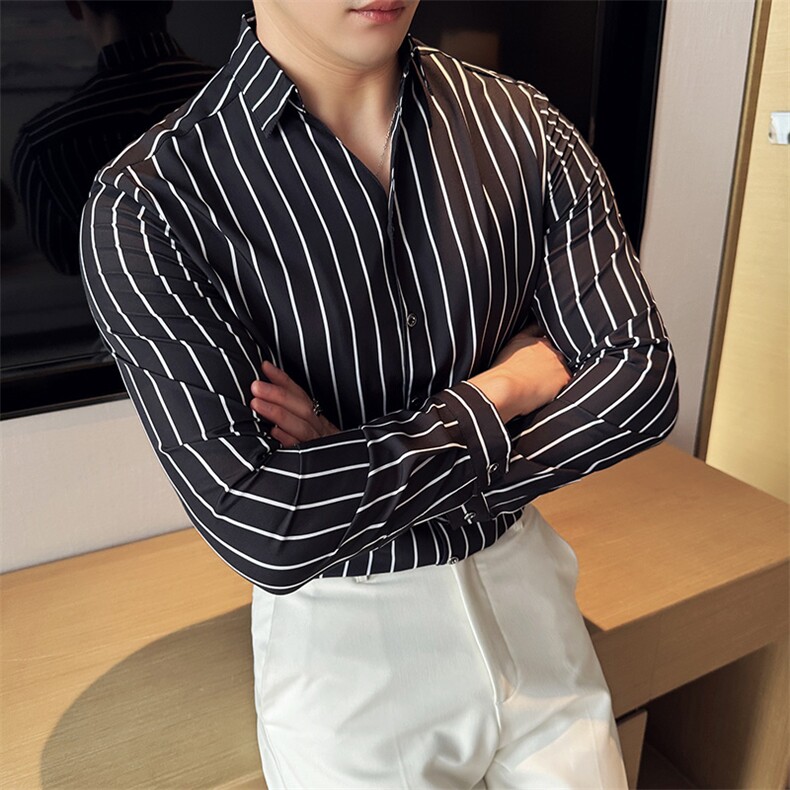 经典条纹V领韩版英伦显瘦衬衫商务绅士衬衣男C016C/P55控75,男装衬衫,电商A243