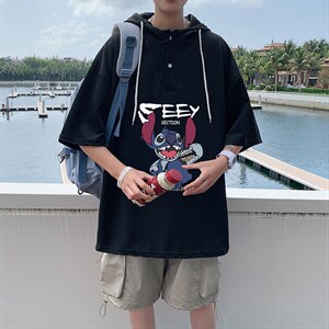 LD54038-P45 连帽短袖t恤男大码胖子带帽五分袖中袖图片