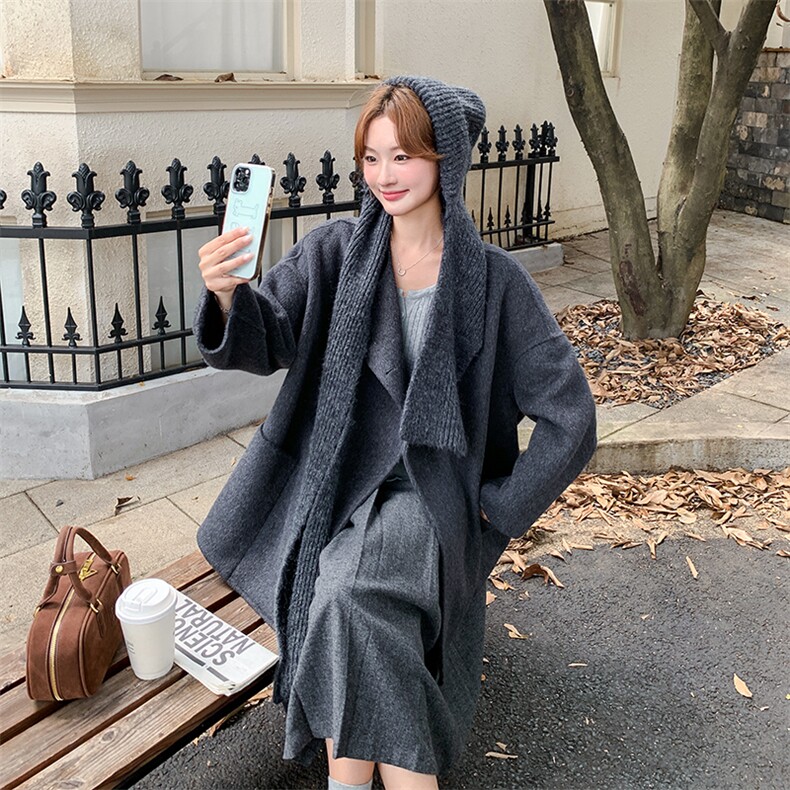 新款冬季上新！时尚好看潮流简约双面羊毛外套配围巾,女装毛呢外套,1C151