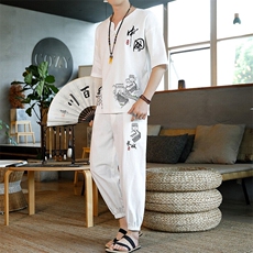 夏季套装风男刺绣棉麻复古宽松大码汉服，男装休闲套装，星座1206（原A206）